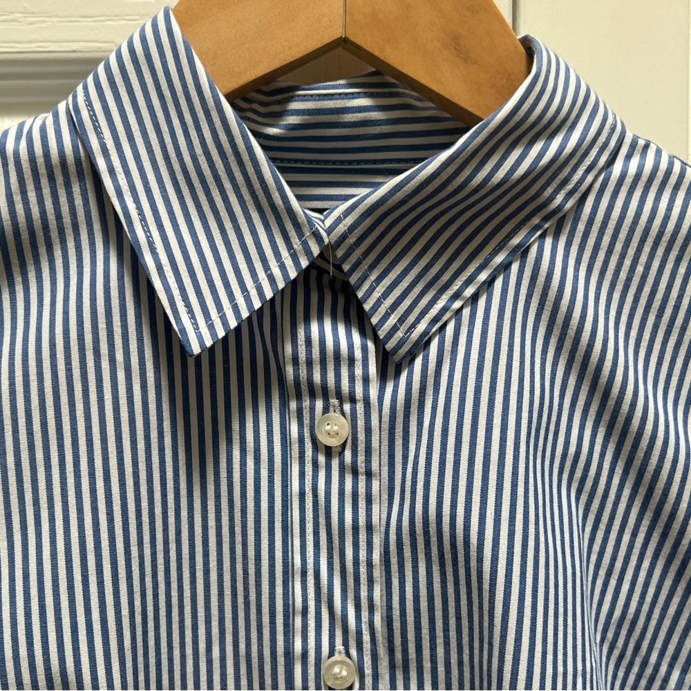 J. Crew Women's Blue and White Stripe Button-Down Shirt